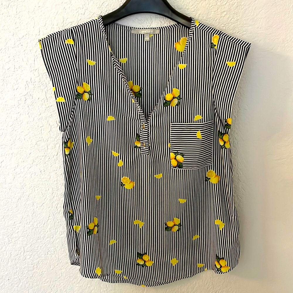 Women blouse with lemons and black and white stripes, size small- new